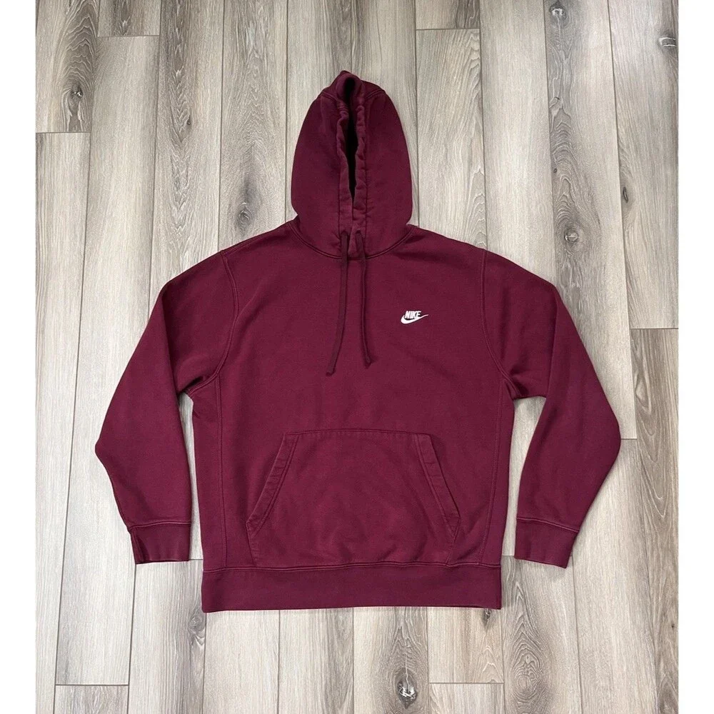Nike Club Fleece Hoodie Mens Sz Large Burgundy Logo Fleece Lined Front Pocket